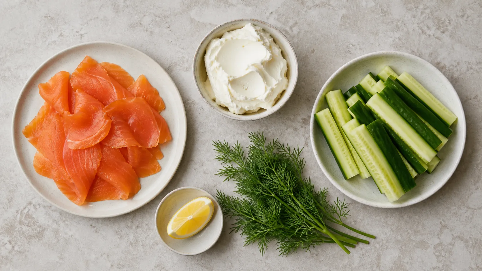 Ingredients for Keto Salmon Cucumber Cream Cheese Rolls - Elegant 5-Minute Breakfast: 80 g smoked salmon (4 slices), 40 g plain cream cheese, 60 g cucumber, 2-3 sprigs fresh dill, 5 ml lemon juice