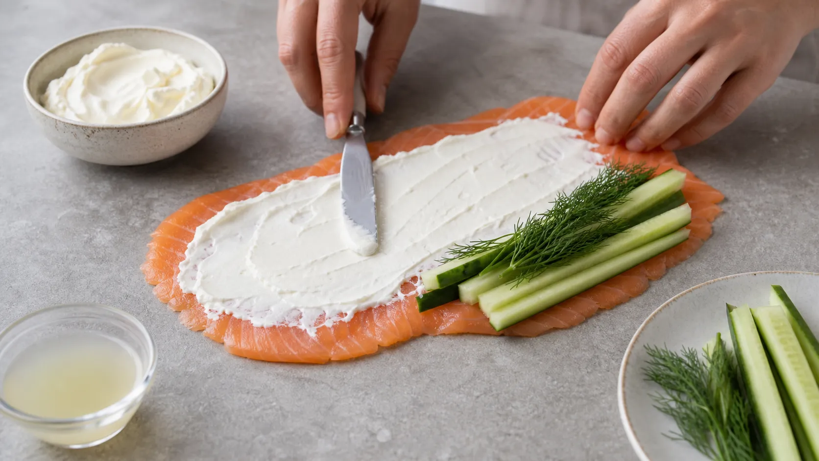 Preparation step for Keto Salmon Cucumber Cream Cheese Rolls - Elegant 5-Minute Breakfast: Spread each slice of smoked salmon thinly with cream cheese.