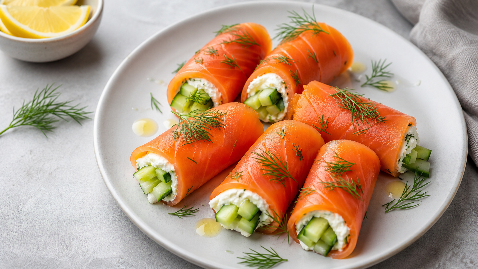 Keto salmon rolls with cream cheese, cucumber sticks, and dill on a plate