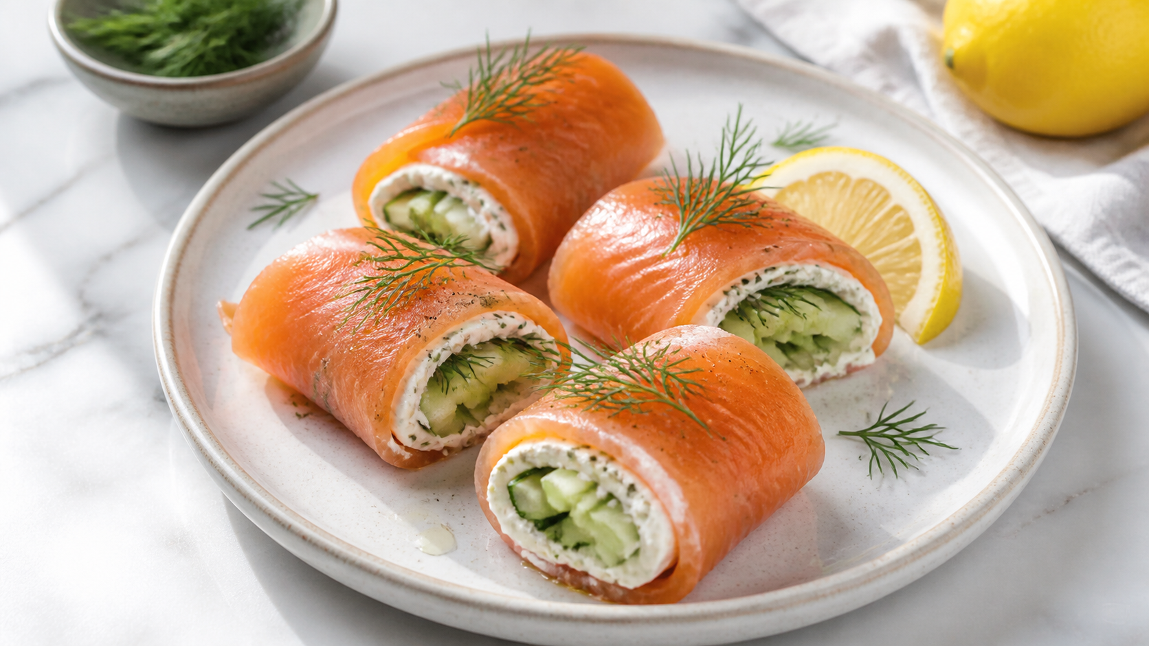Keto salmon rolls with cream cheese, cucumber sticks, and dill on a plate
