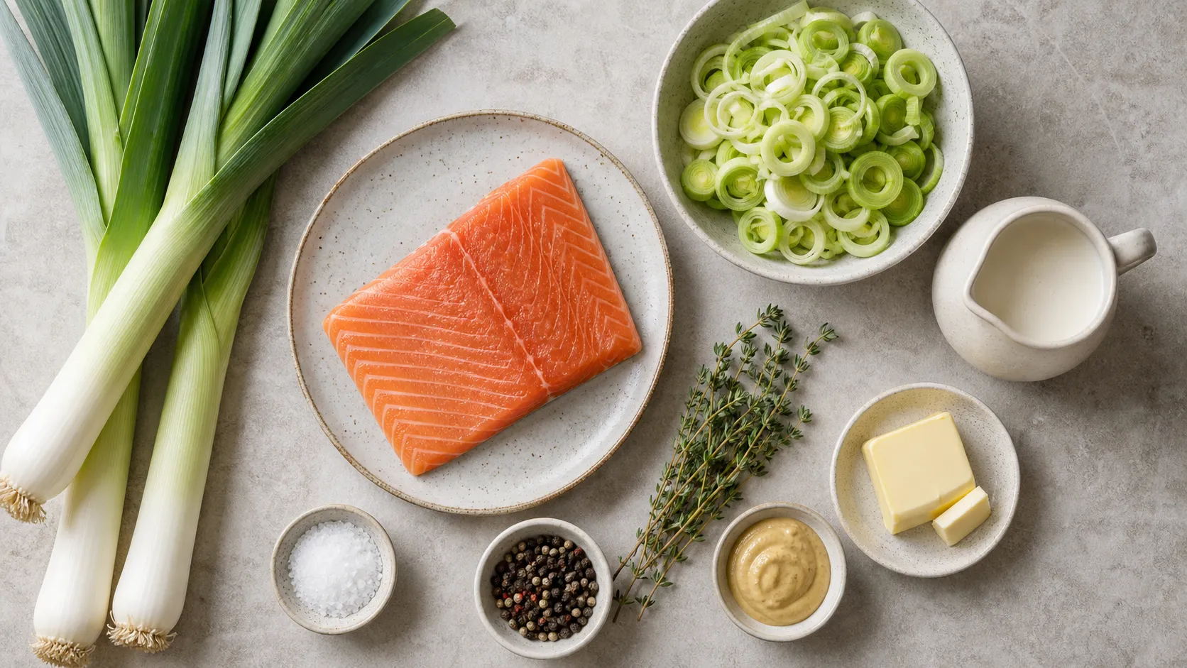 Ingredients for keto salmon on leeks: salmon fillet, leeks, cream, butter, Dijon mustard and thyme