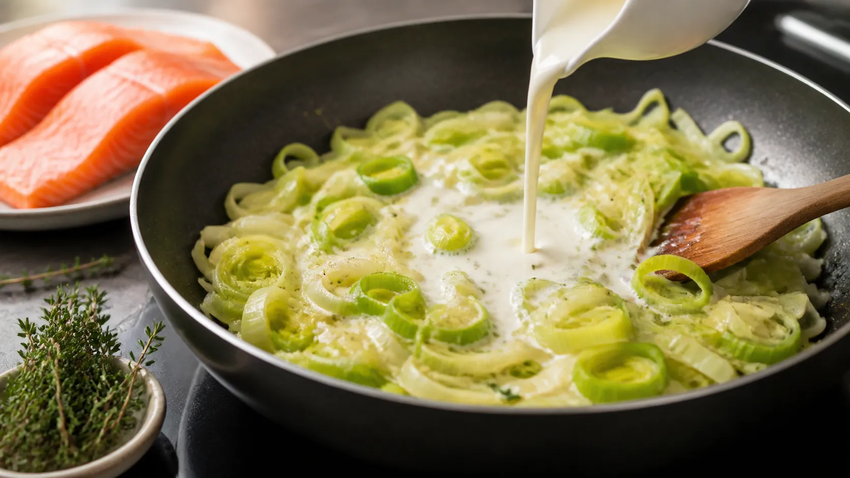 Leek rings braising in butter while cream is poured in for keto salmon on leeks