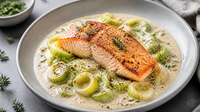 Keto salmon fillet on braised leeks in a creamy sauce with thyme