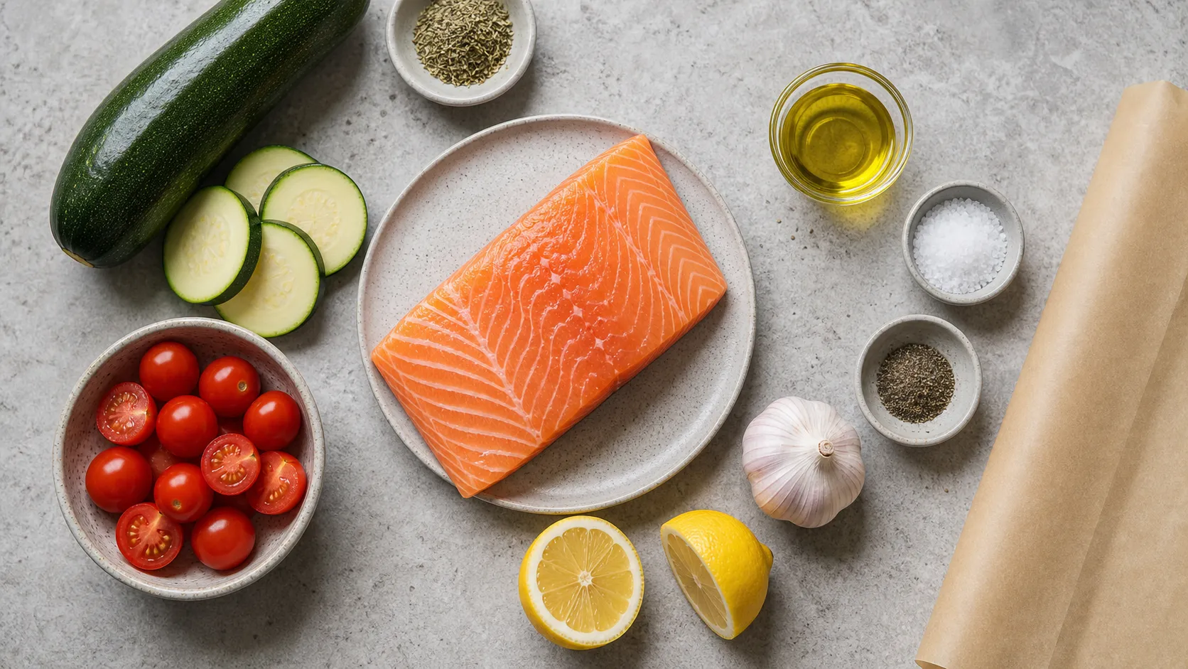 Ingredients for keto salmon parcels: salmon fillet, zucchini, cherry tomatoes, olive oil, oregano, lemon and garlic