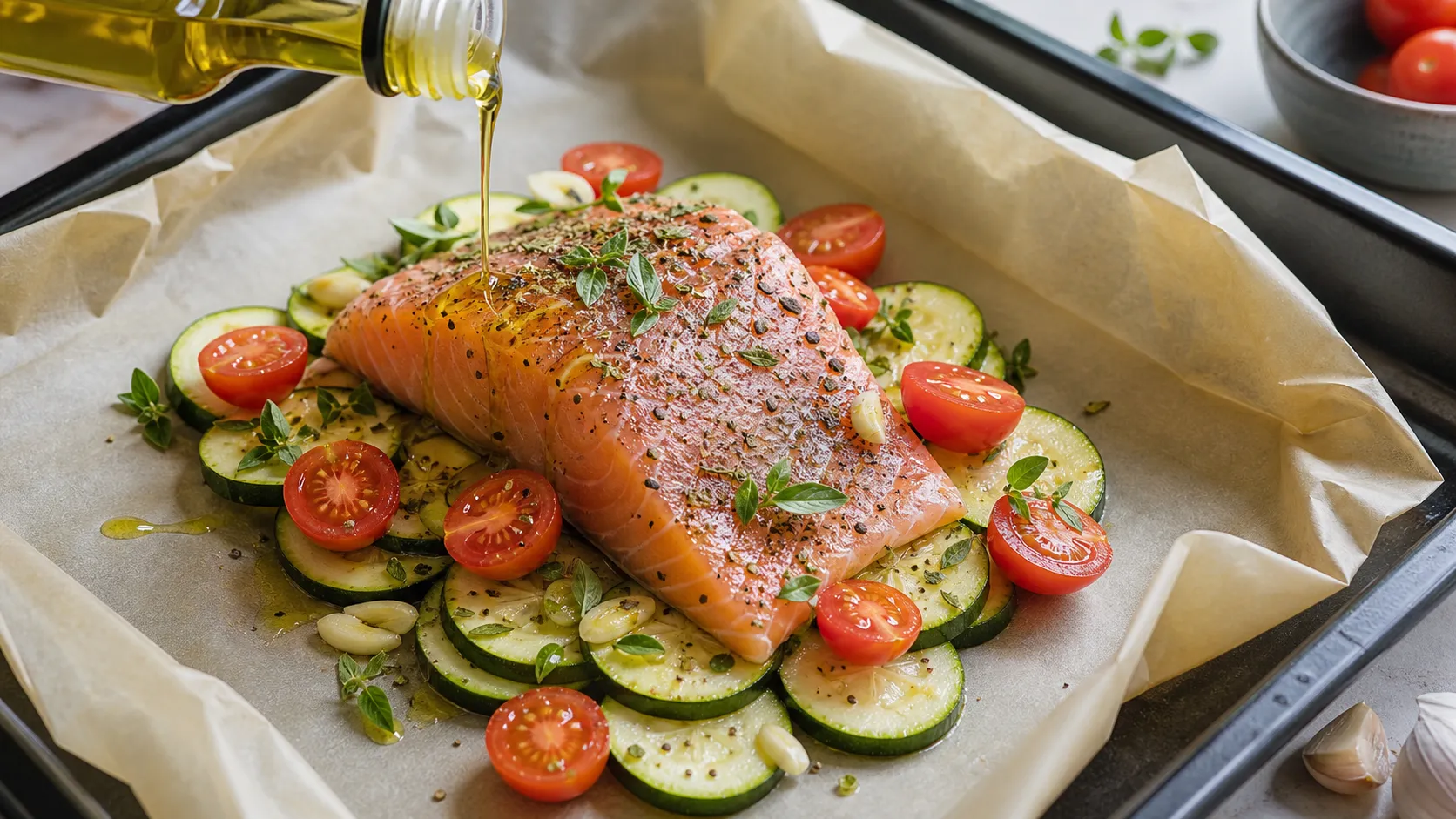 Salmon fillet on a bed of zucchini and cherry tomatoes on parchment paper, ready to be folded into an oven parcel