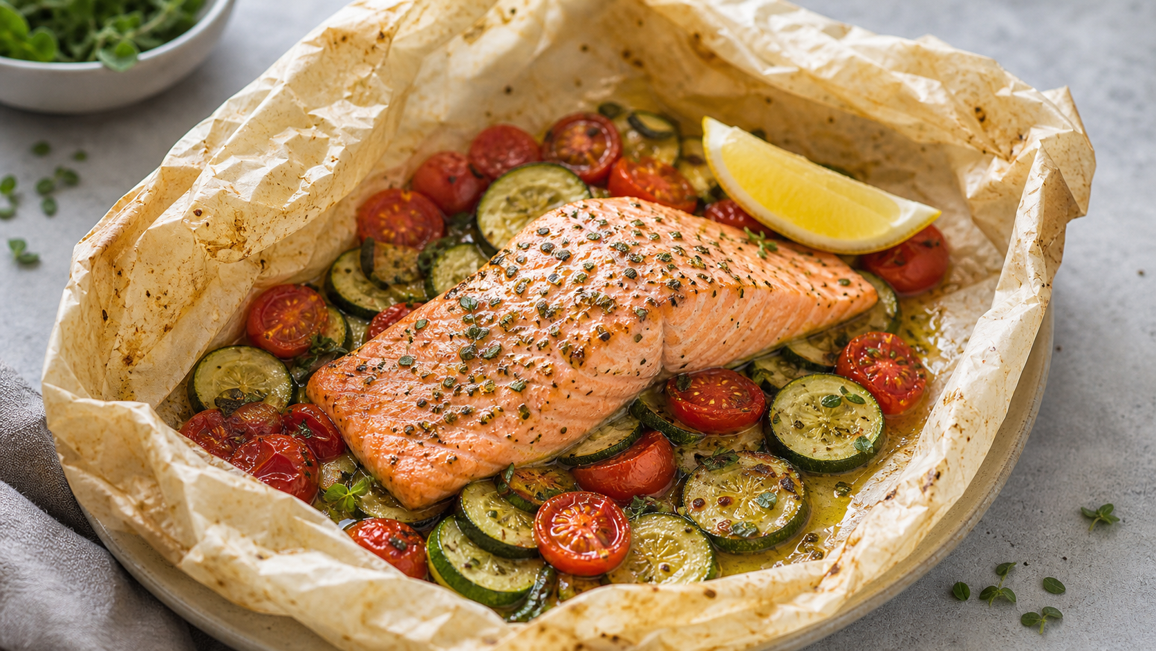 Opened keto salmon parcel from the oven with zucchini, cherry tomatoes, oregano and lemon