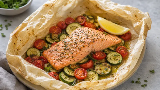 Opened keto salmon parcel from the oven with zucchini, cherry tomatoes, oregano and lemon