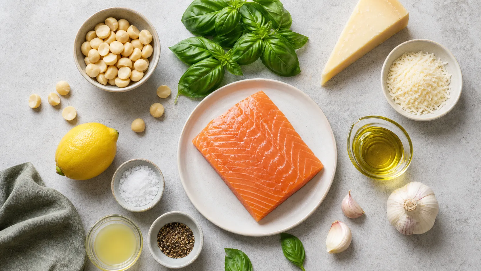 Ingredients for keto salmon with pesto crust: salmon, macadamia, basil, Parmesan, olive oil, garlic and lemon