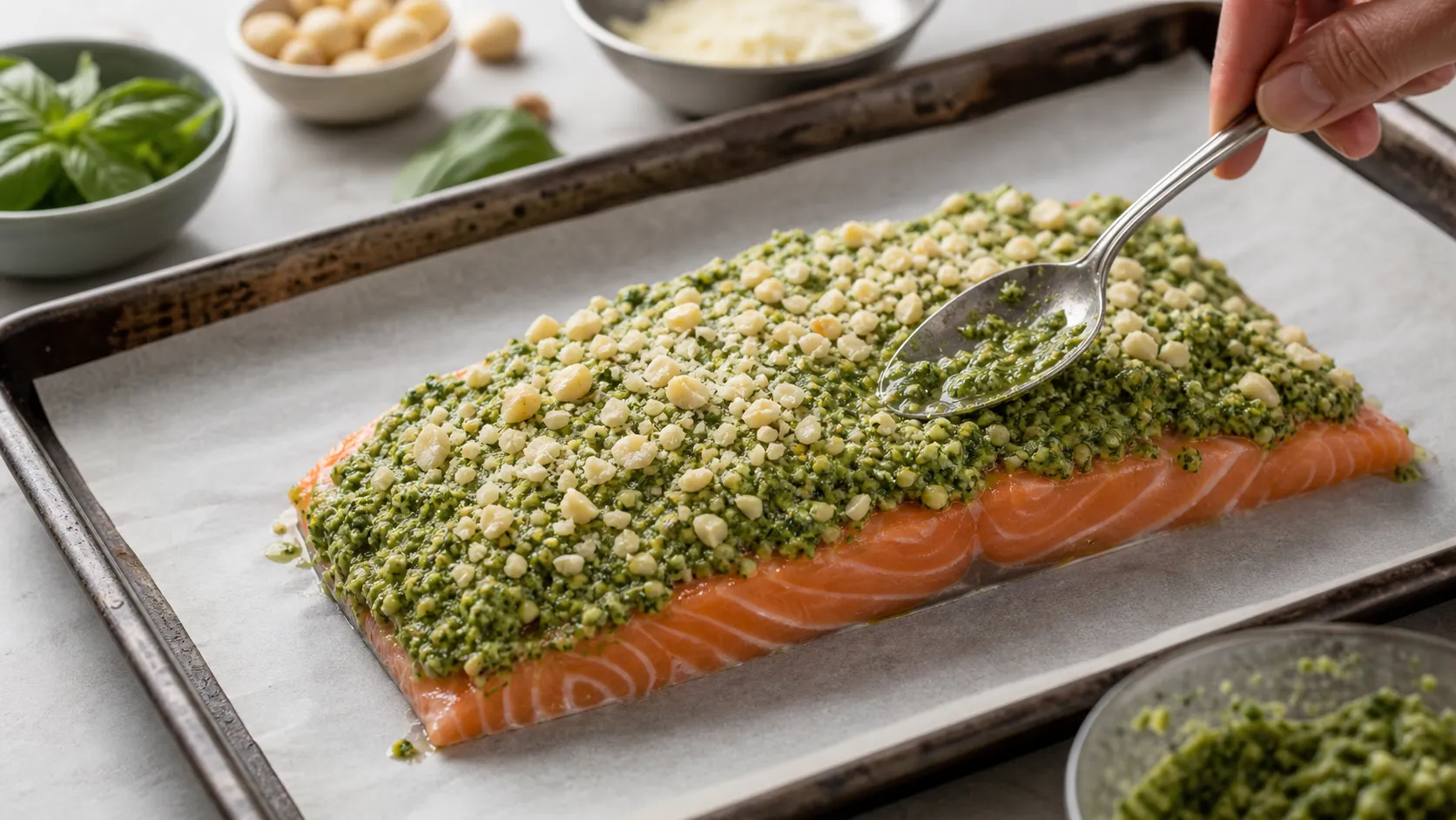 Basil-macadamia pesto being spread onto a salmon fillet before the keto salmon goes into the oven