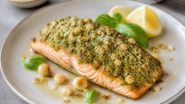 Keto salmon fillet with golden-brown basil-macadamia pesto crust on a plate