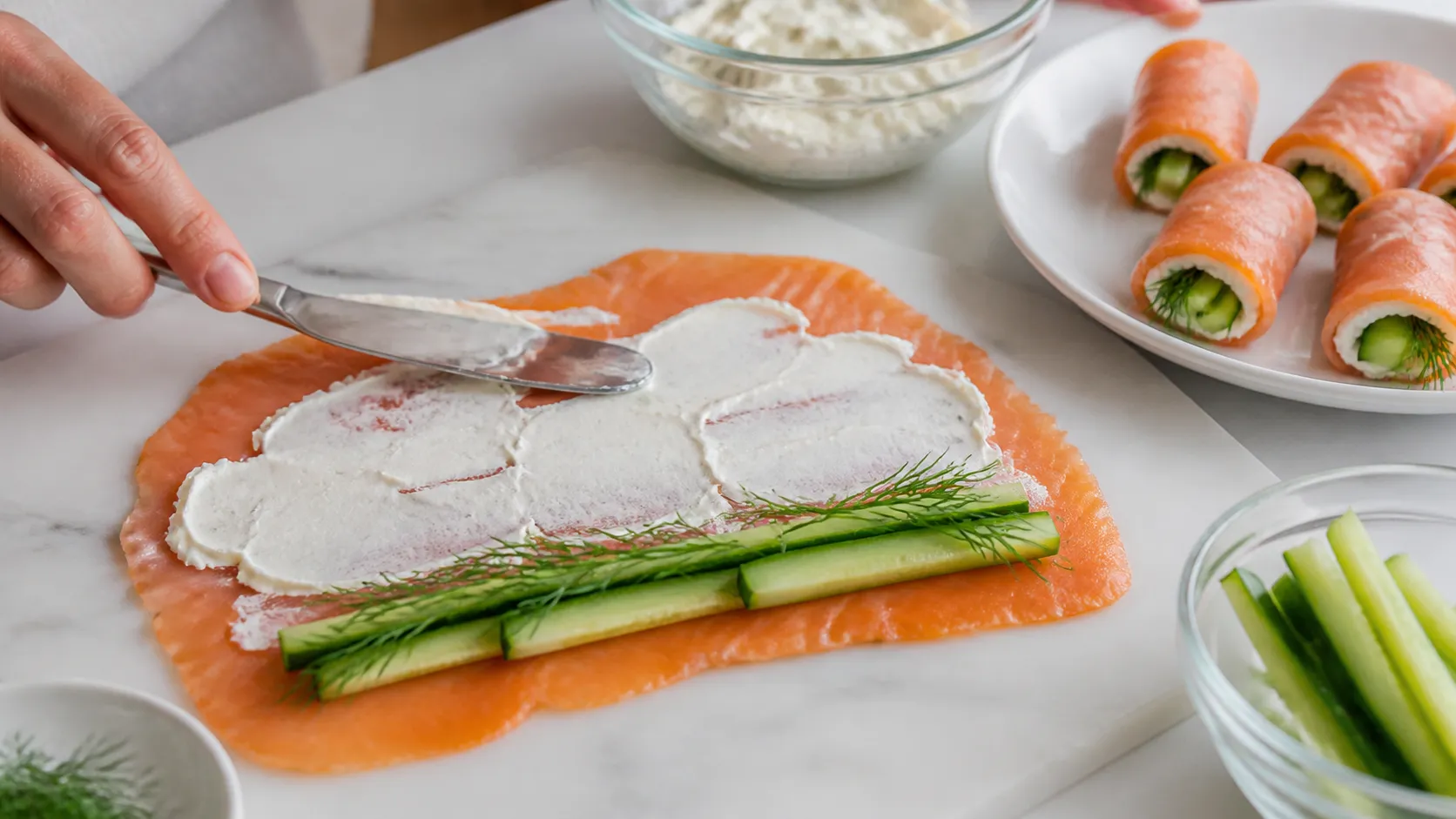 Smoked salmon being spread with cream cheese and rolled around cucumber sticks