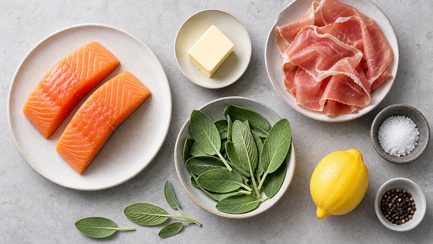 Ingredients for keto salmon saltimbocca: salmon fillet, prosciutto, sage, butter, lemon, salt and pepper