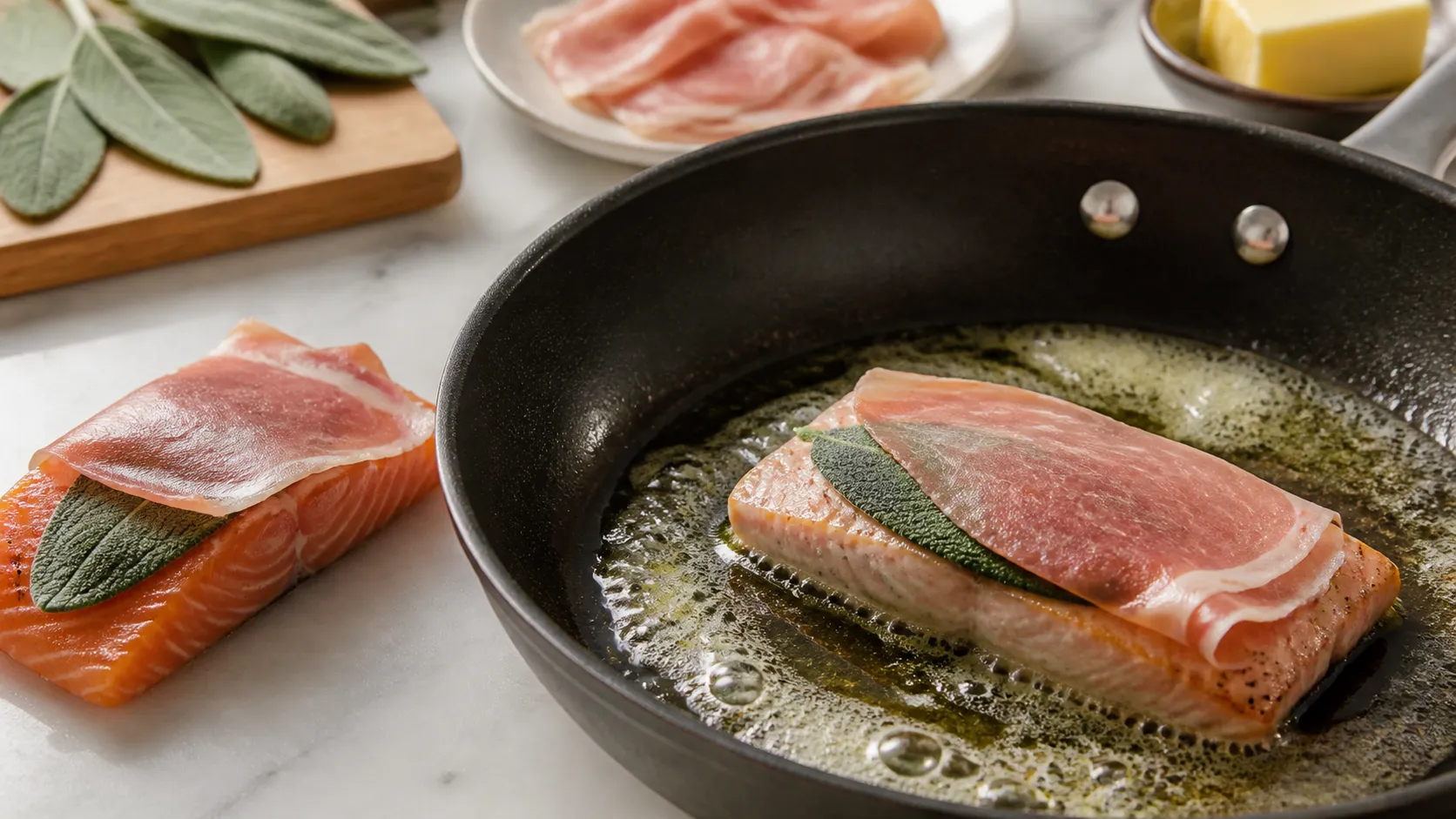 Salmon fillet topped with sage leaf and prosciutto, pan-fried in butter for keto salmon saltimbocca