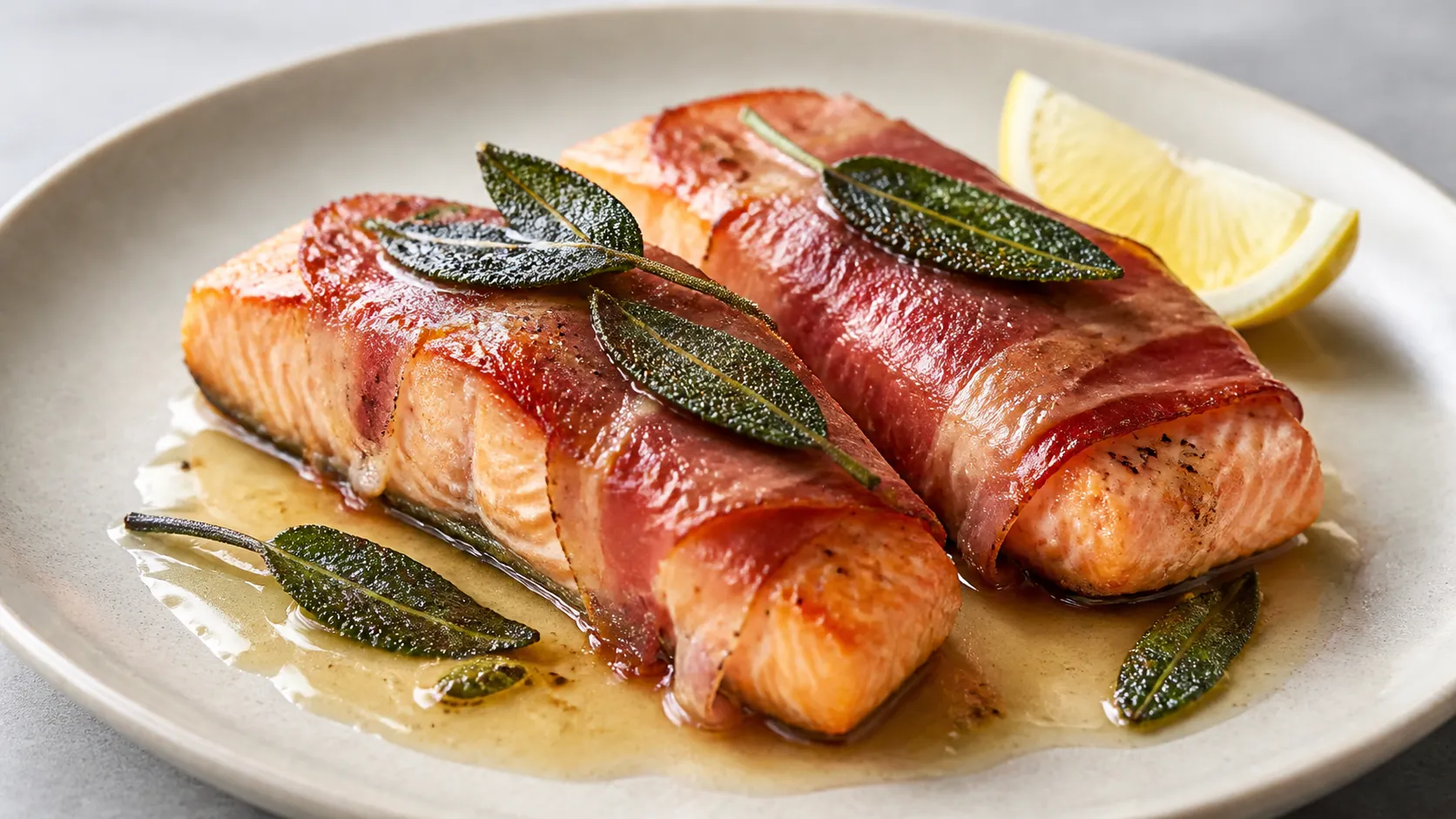 Keto salmon saltimbocca with crispy prosciutto, sage, butter and lemon