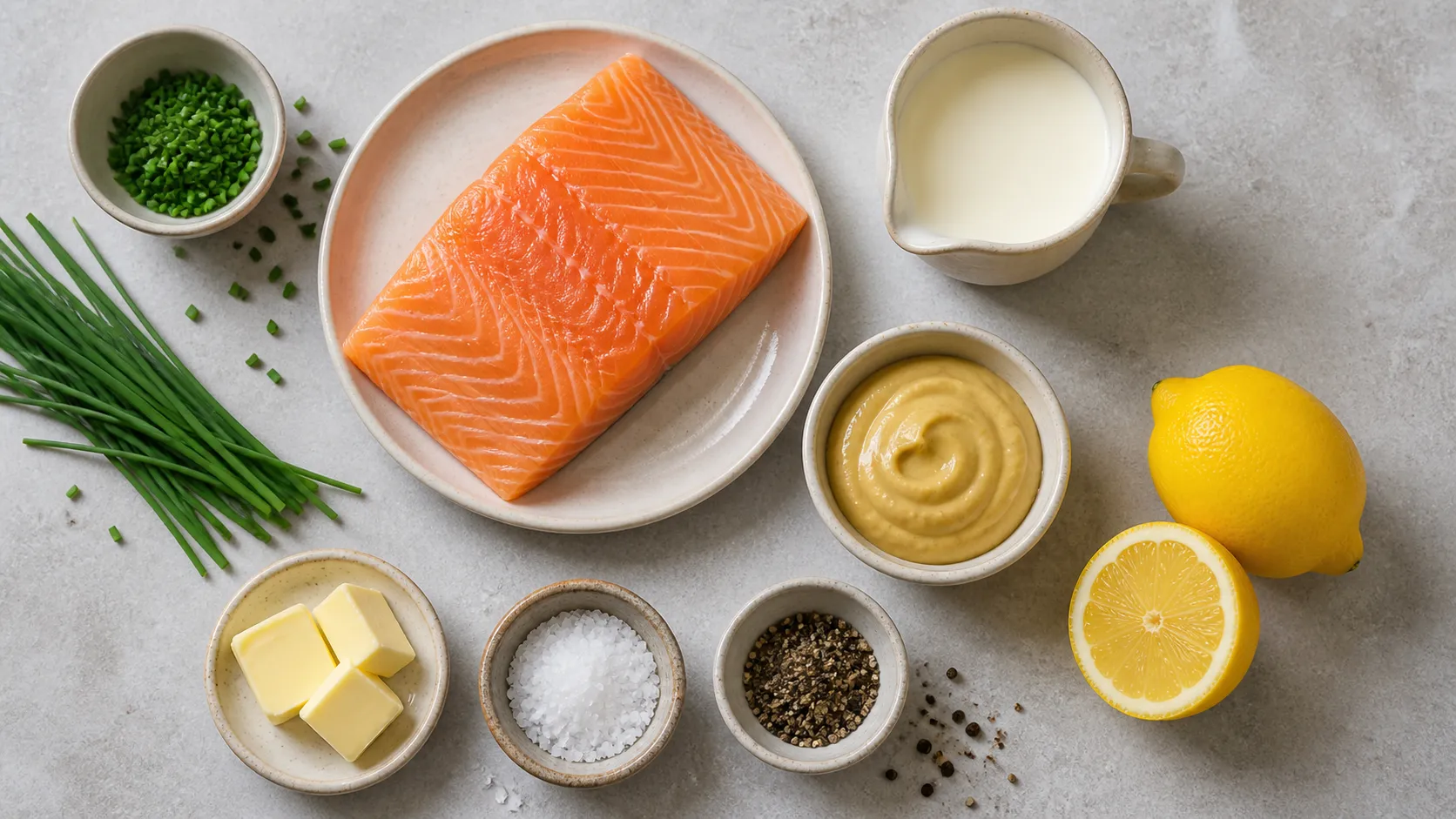 Ingredients for keto salmon in mustard cream sauce: salmon filet, cream, Dijon mustard, chives, butter and lemon