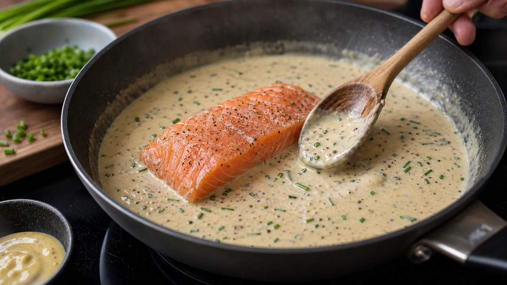 Salmon filet finishing in a hot Dijon mustard cream sauce in a pan