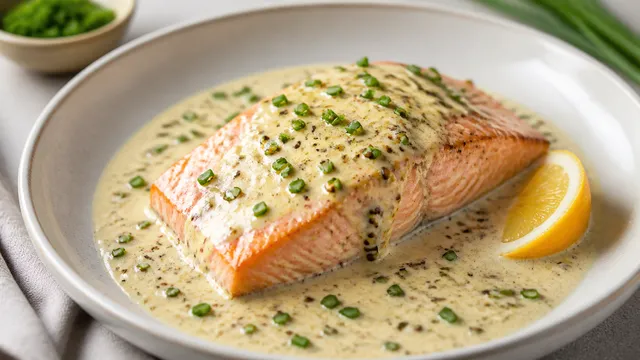Keto salmon filet in a creamy Dijon mustard cream sauce with chives and lemon
