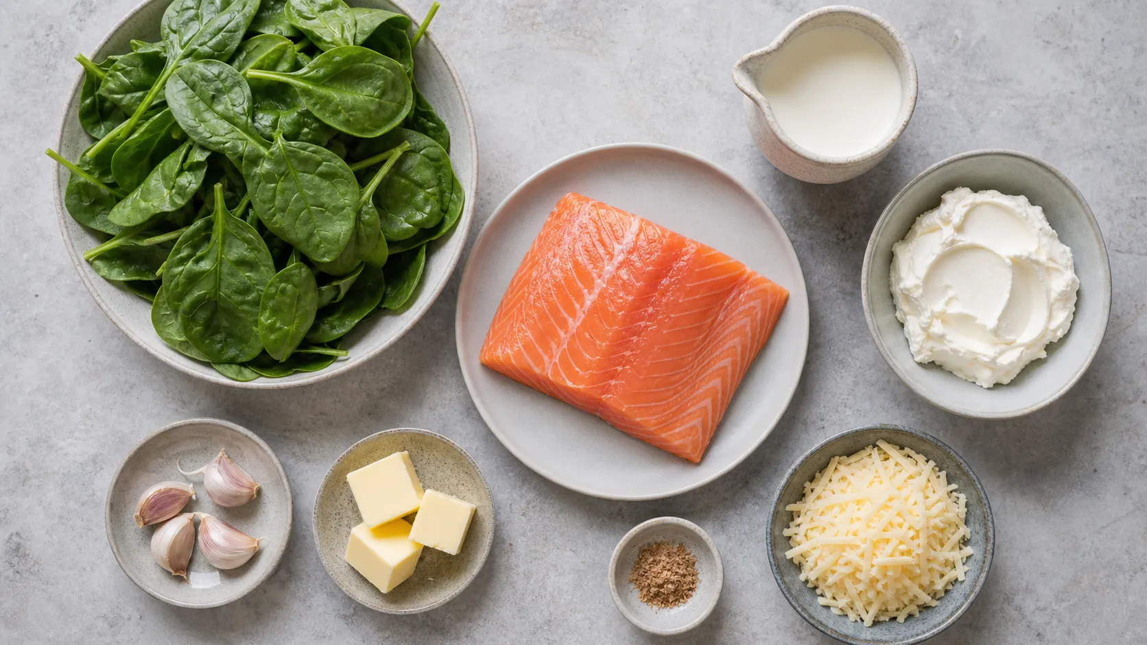 Ingredients for keto salmon spinach casserole: salmon, baby spinach, cream cheese, cream, grated cheese, garlic and butter