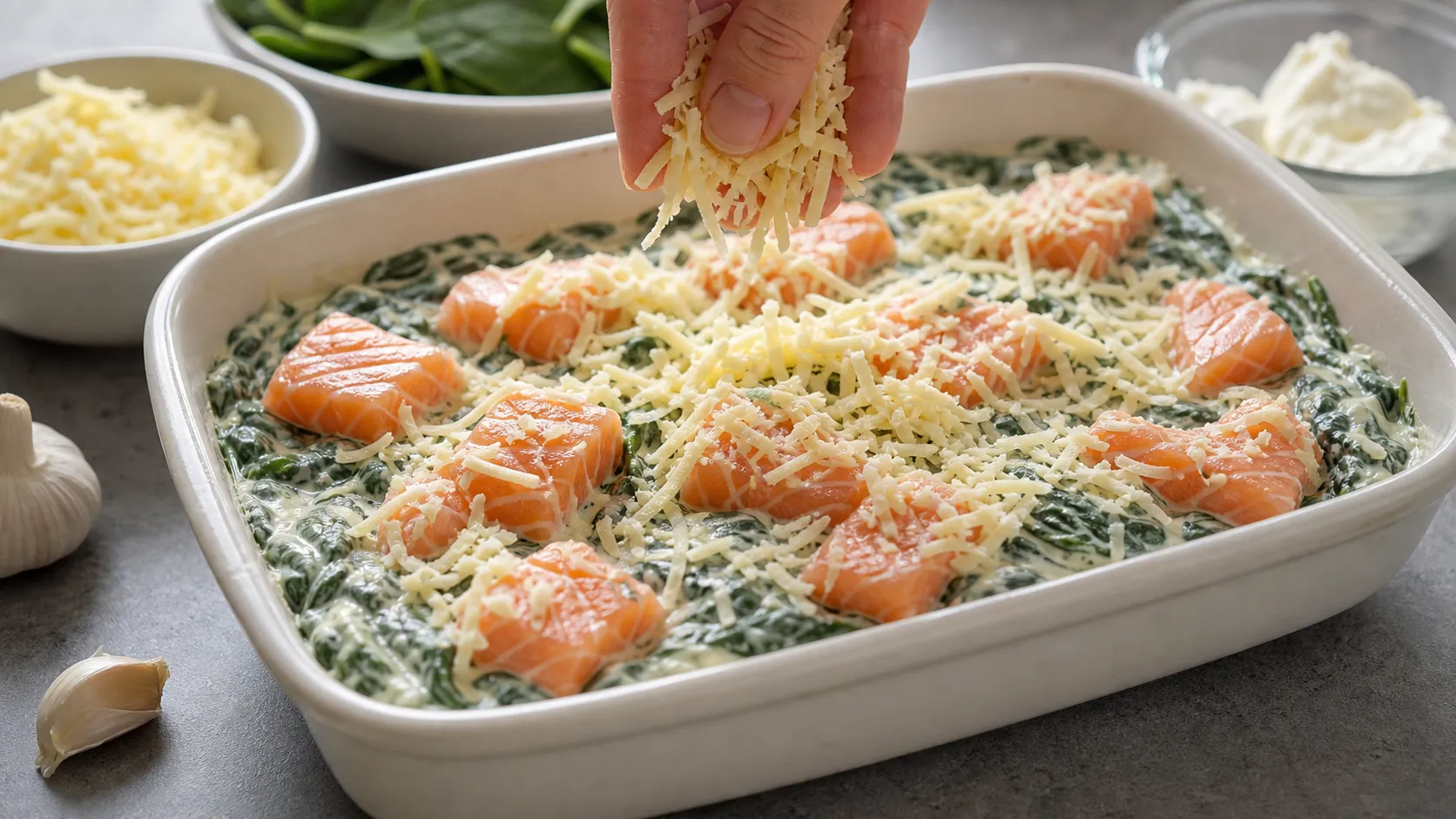 Salmon cubes on a spinach cream cheese mixture in a baking dish, sprinkled with cheese
