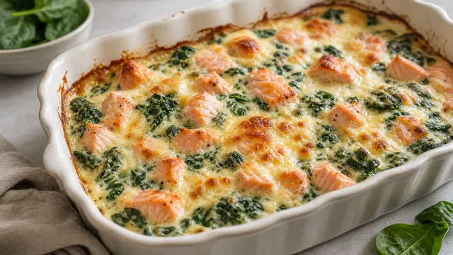 Keto salmon spinach casserole with cream cheese and a golden cheese crust in a baking dish