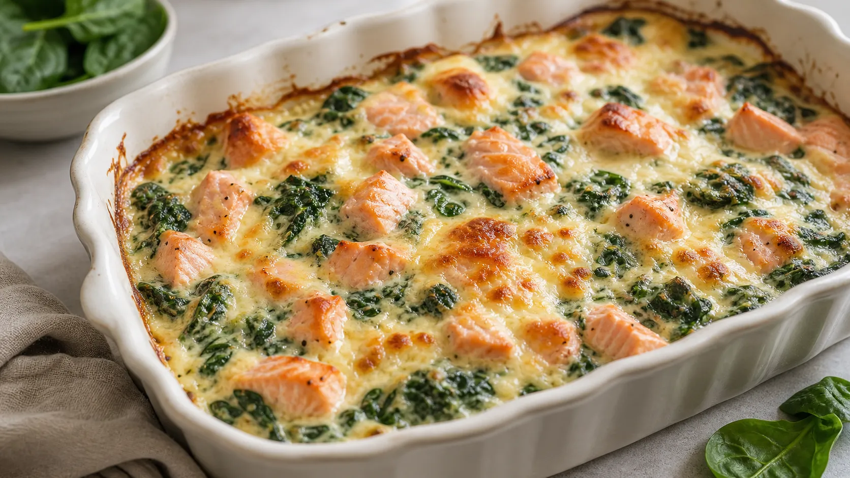 Keto salmon spinach casserole with cream cheese and a golden cheese crust in a baking dish