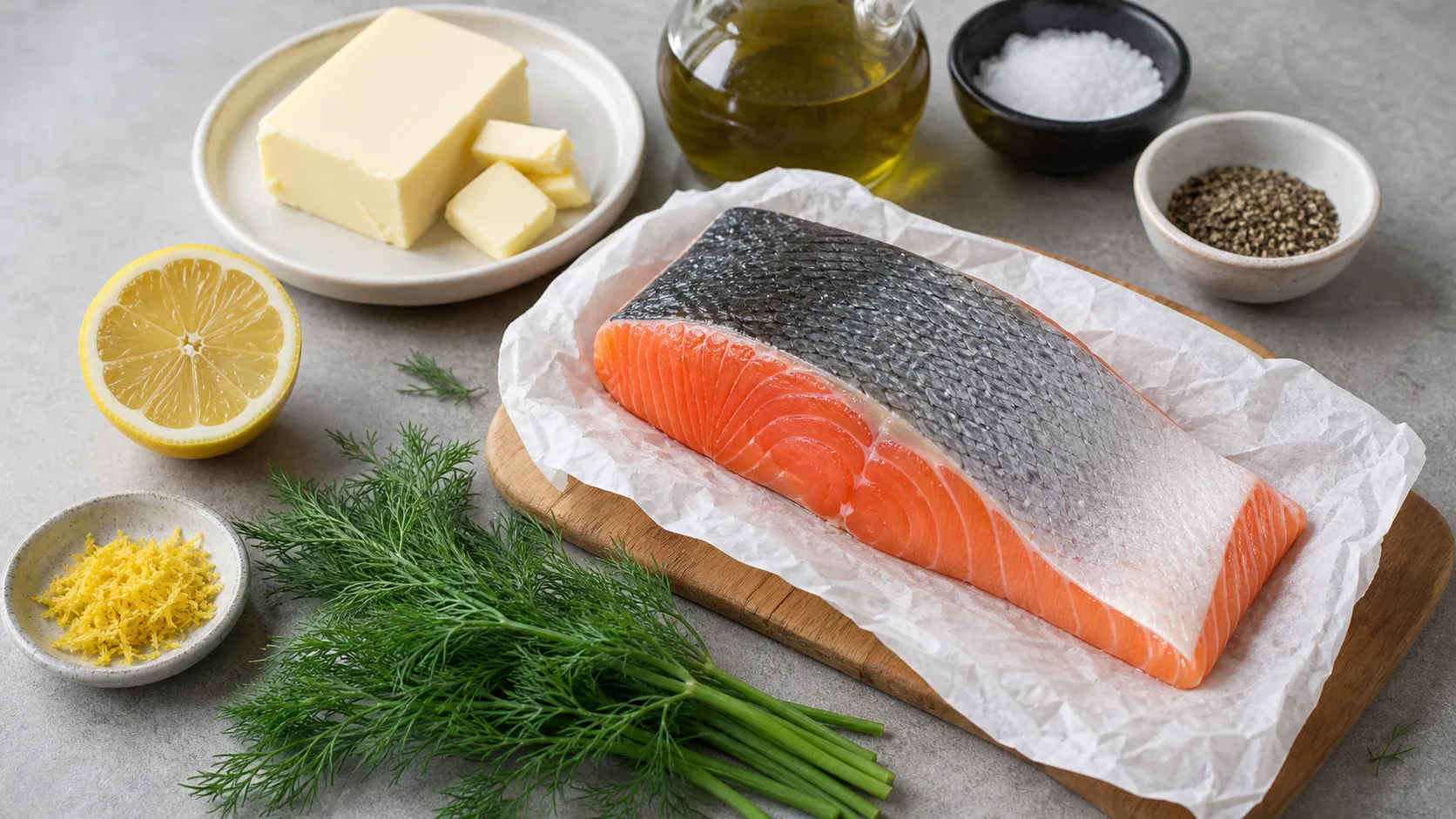 Ingredients for keto salmon: fresh skin-on salmon filet, butter, lemon, dill and olive oil
