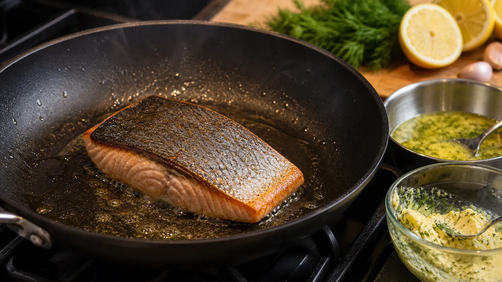 Salmon filet being seared skin-side down in a pan with olive oil