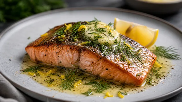 Keto salmon filet with crispy skin and lemon dill butter plated on a dish