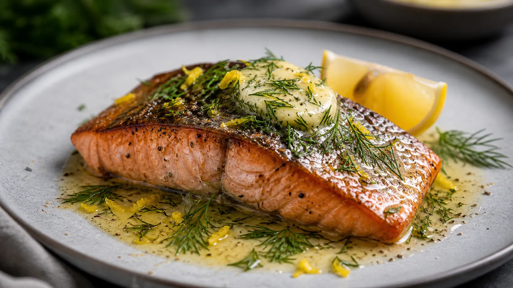 Keto salmon filet with crispy skin and lemon dill butter plated on a dish