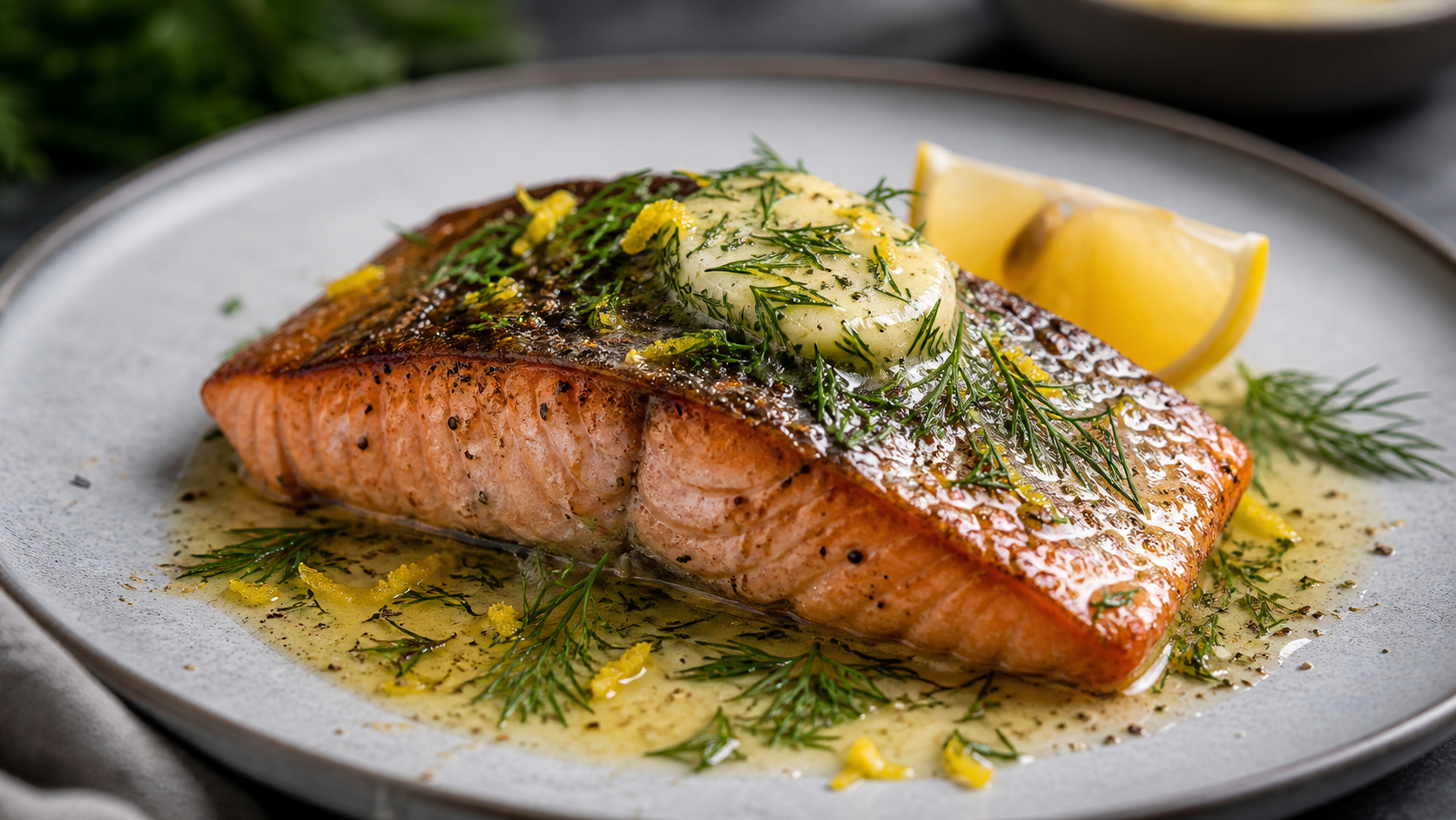 Keto salmon filet with crispy skin and lemon dill butter plated on a dish