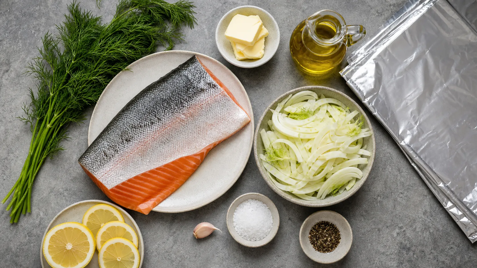 Ingredients for Keto Sea Trout in Foil with Fennel: 52 g Protein in 30 Minutes: 260 g sea trout fillet (boneless, skin on), 150 g fennel (thinly sliced), 25 g butter (softened), 15 ml olive oil, 1/2 lemon (sliced), 2 sprigs fresh dill (or 1 tsp dried)