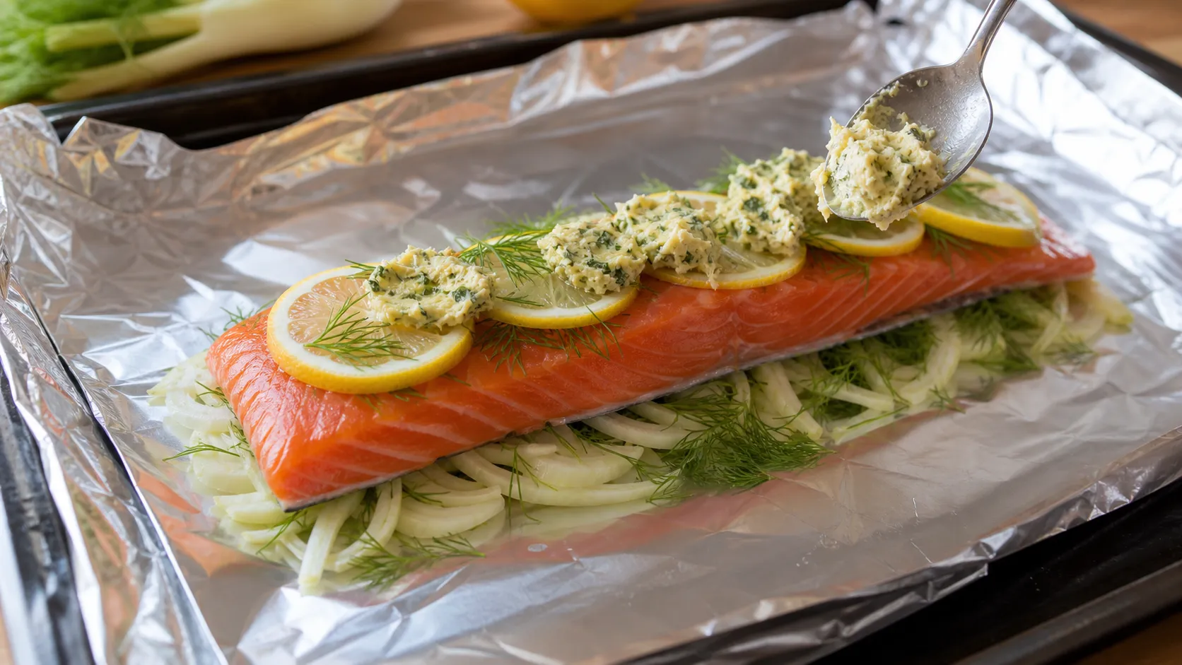 Preparation step for Keto Sea Trout in Foil with Fennel: 52 g Protein in 30 Minutes: Make the herb butter: mix softened butter (25 g) with dill, garlic, salt, and pepper.
