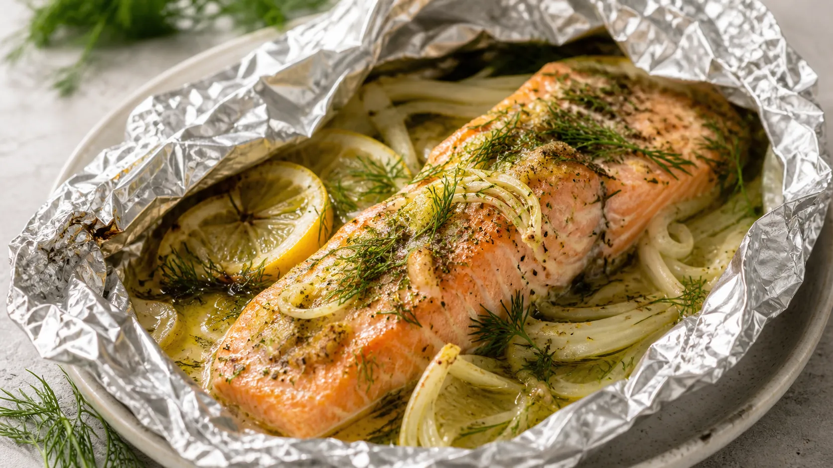 Keto sea trout fillet with fennel and herb butter in opened aluminum foil on a baking sheet