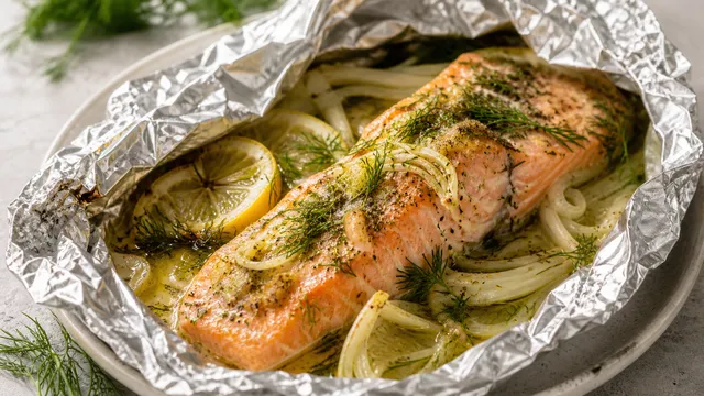 Keto sea trout fillet with fennel and herb butter in opened aluminum foil on a baking sheet