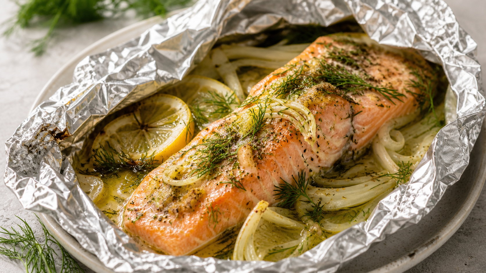 Keto sea trout fillet with fennel and herb butter in opened aluminum foil on a baking sheet
