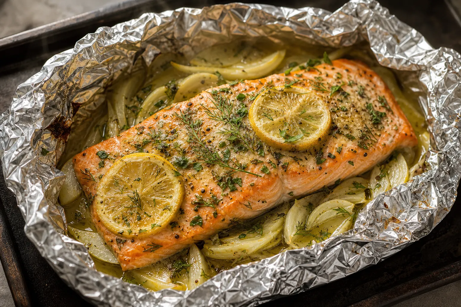 Keto sea trout fillet with fennel and herb butter in opened aluminum foil on a baking sheet