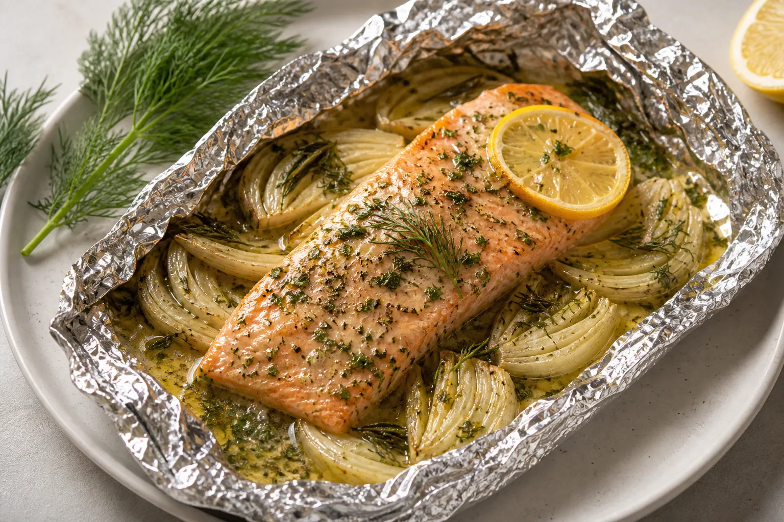 Finished sea trout fillet from the foil plated with fennel