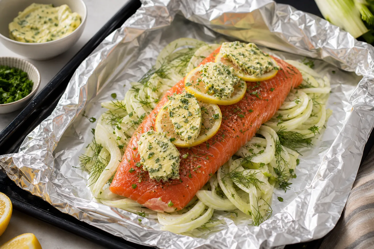 Place sea trout fillet on fennel slices on aluminum foil and top with herb butter