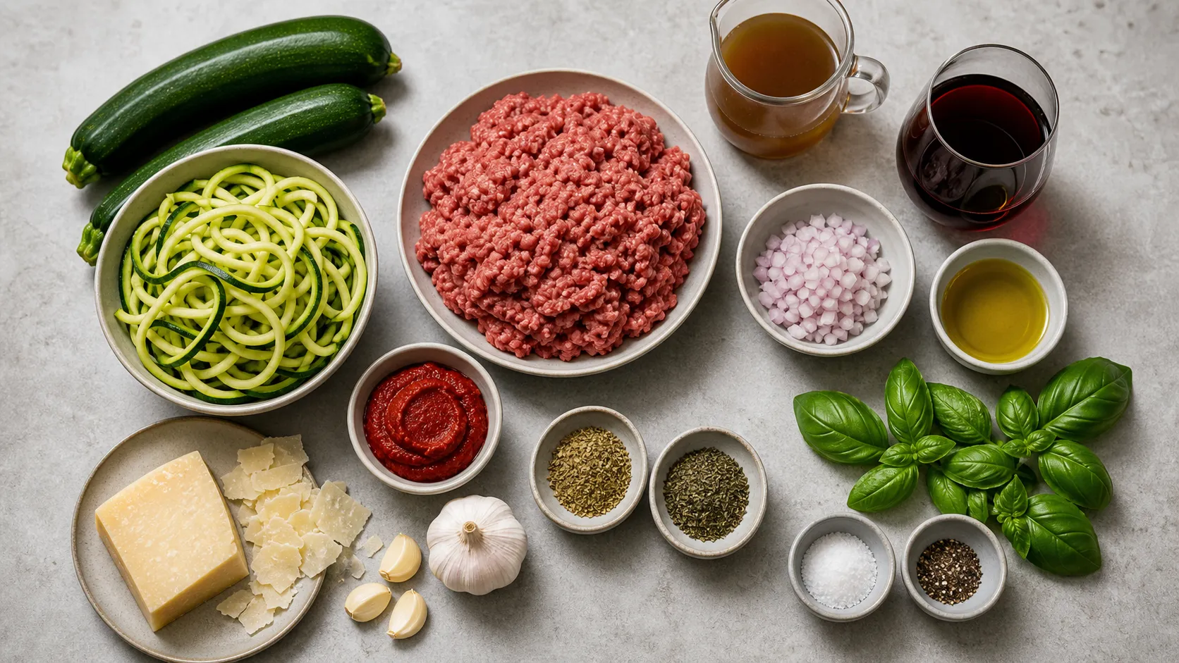 Ingredients for keto lamb bolognese with ground lamb, zucchini, tomato paste, parmesan and basil