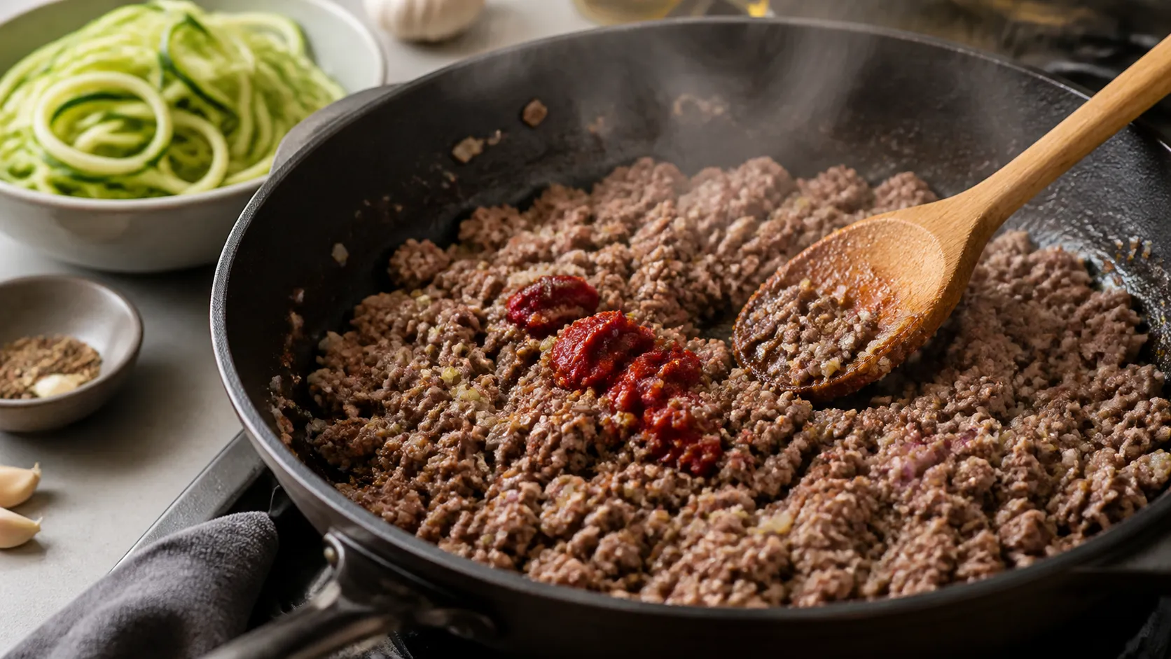 Ground lamb searing with shallots, garlic and tomato paste in the pan