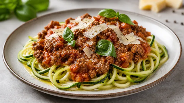 Keto lamb bolognese on zucchini noodles with parmesan and fresh basil