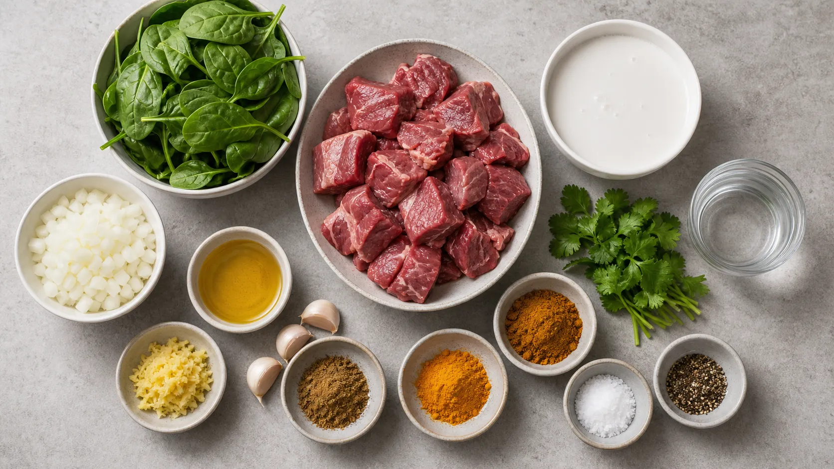 Ingredients for keto lamb curry with lamb shoulder, coconut milk, spinach, ginger and spices