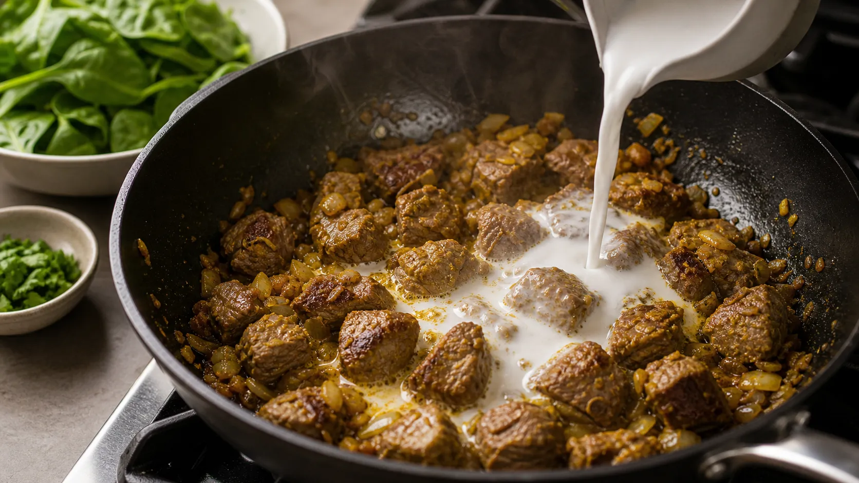 Searing lamb shoulder with onions, ginger and curry spices, then adding coconut milk