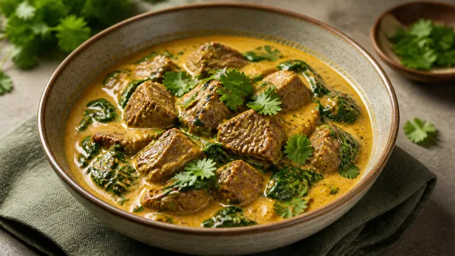 Keto lamb curry with coconut milk, spinach and fresh cilantro in a bowl