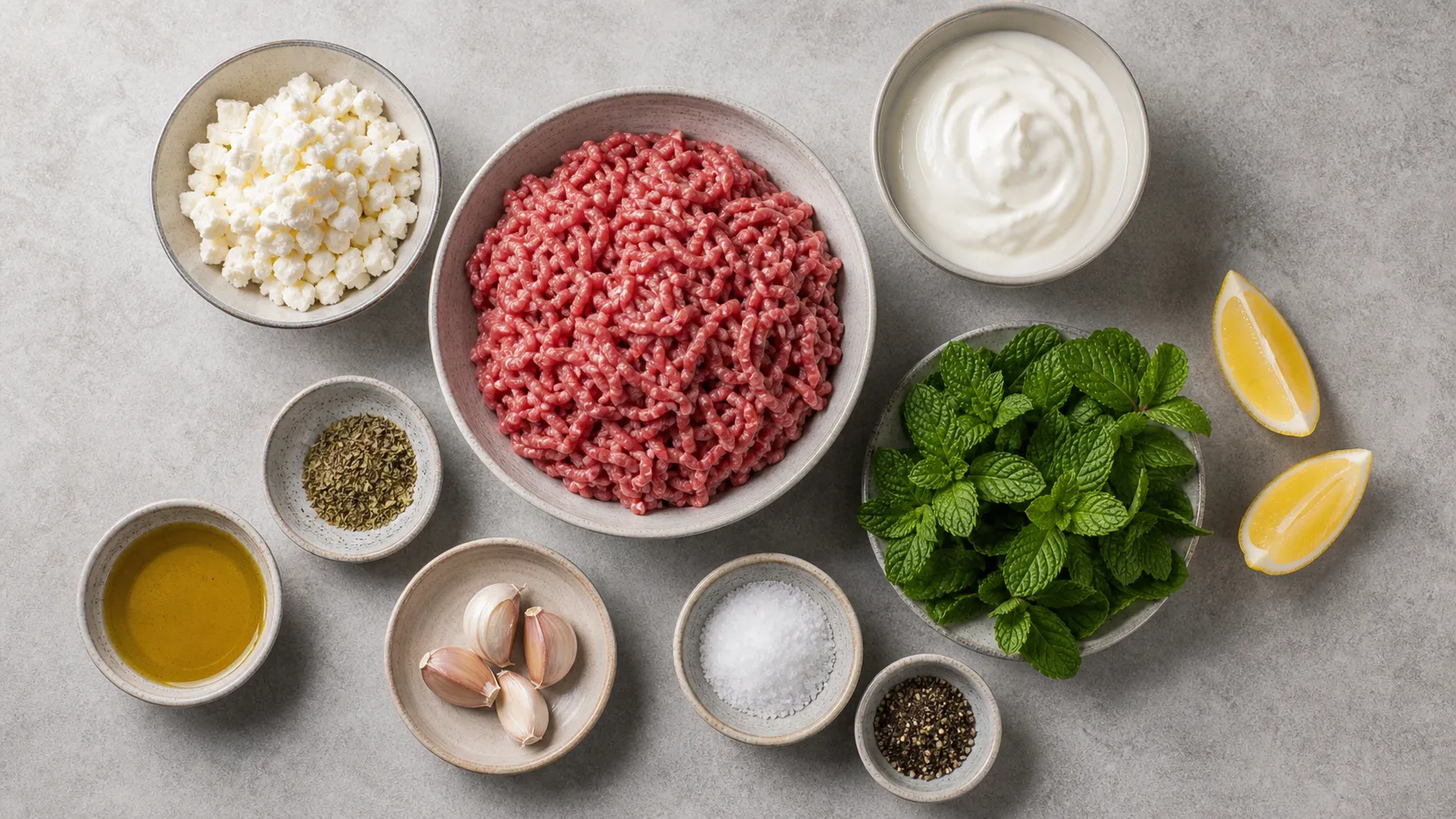 Ingredients for keto lamb feta meatballs with ground lamb, feta, yogurt, mint and lemon