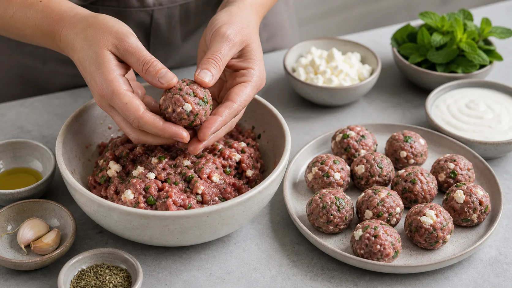 Shaping ground lamb with feta into small meatballs