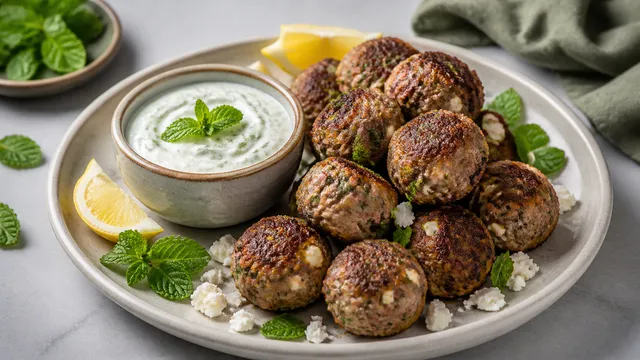 Keto lamb feta meatballs served with yogurt mint sauce and lemon