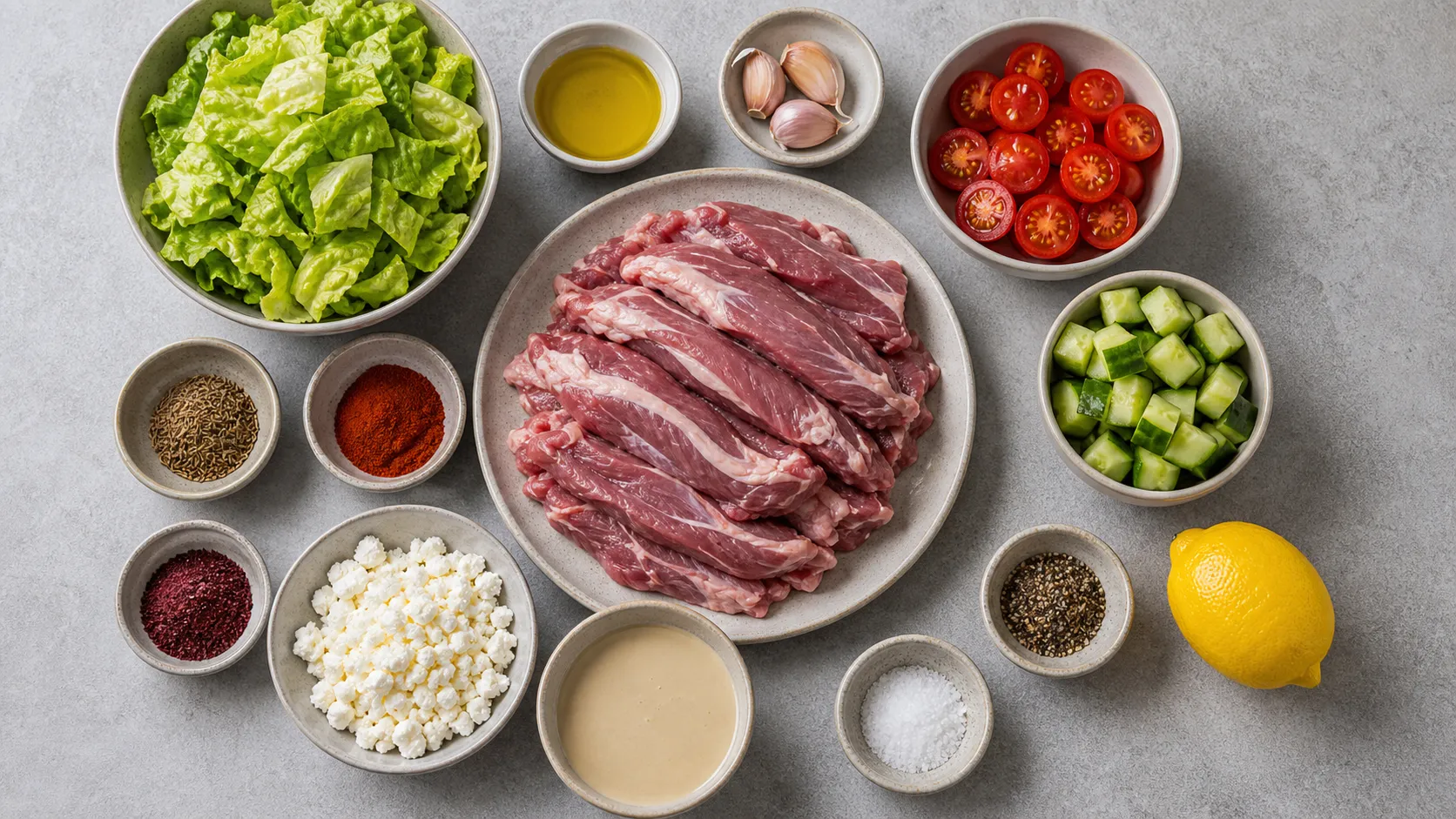 Ingredients for keto lamb shawarma bowl with lamb top round, salad, tomatoes, cucumber, feta and tahini