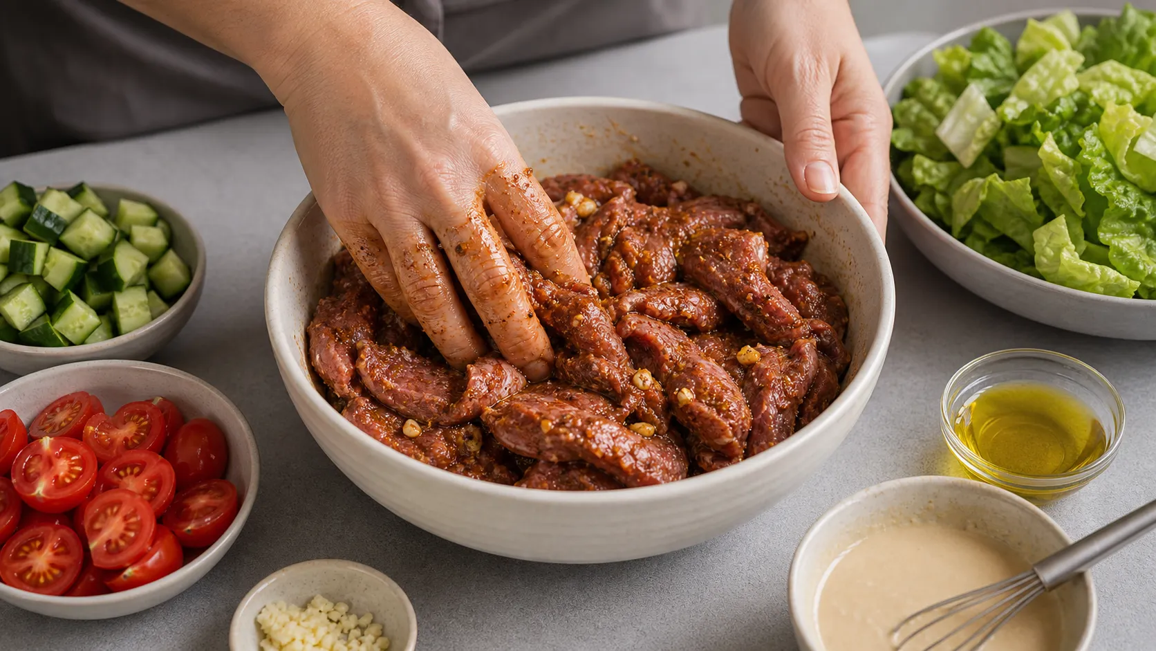Lamb strips marinating in olive oil, garlic, cumin, paprika and sumac