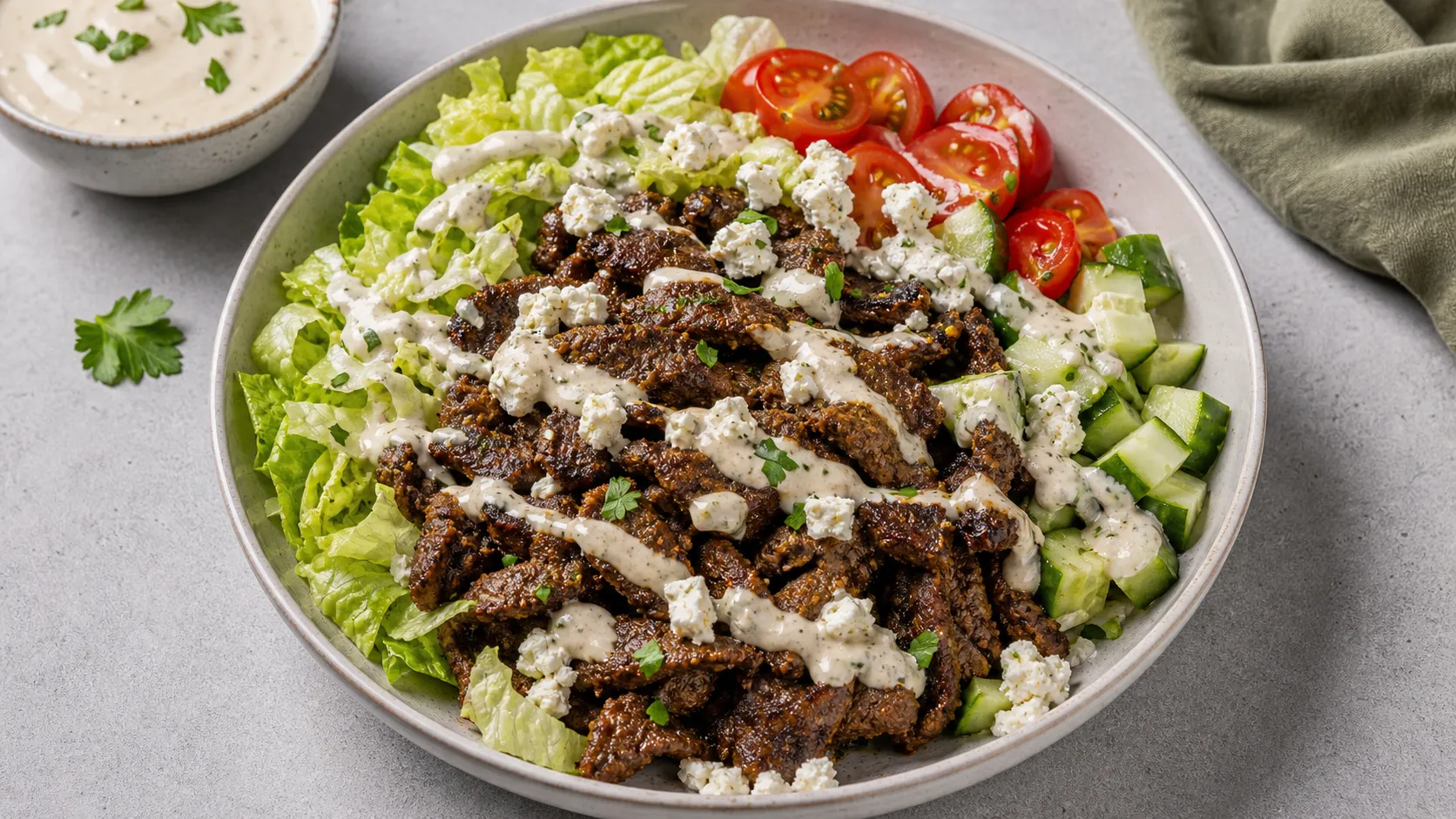 Keto lamb shawarma bowl with salad, cucumber, tomatoes, feta and tahini garlic sauce
